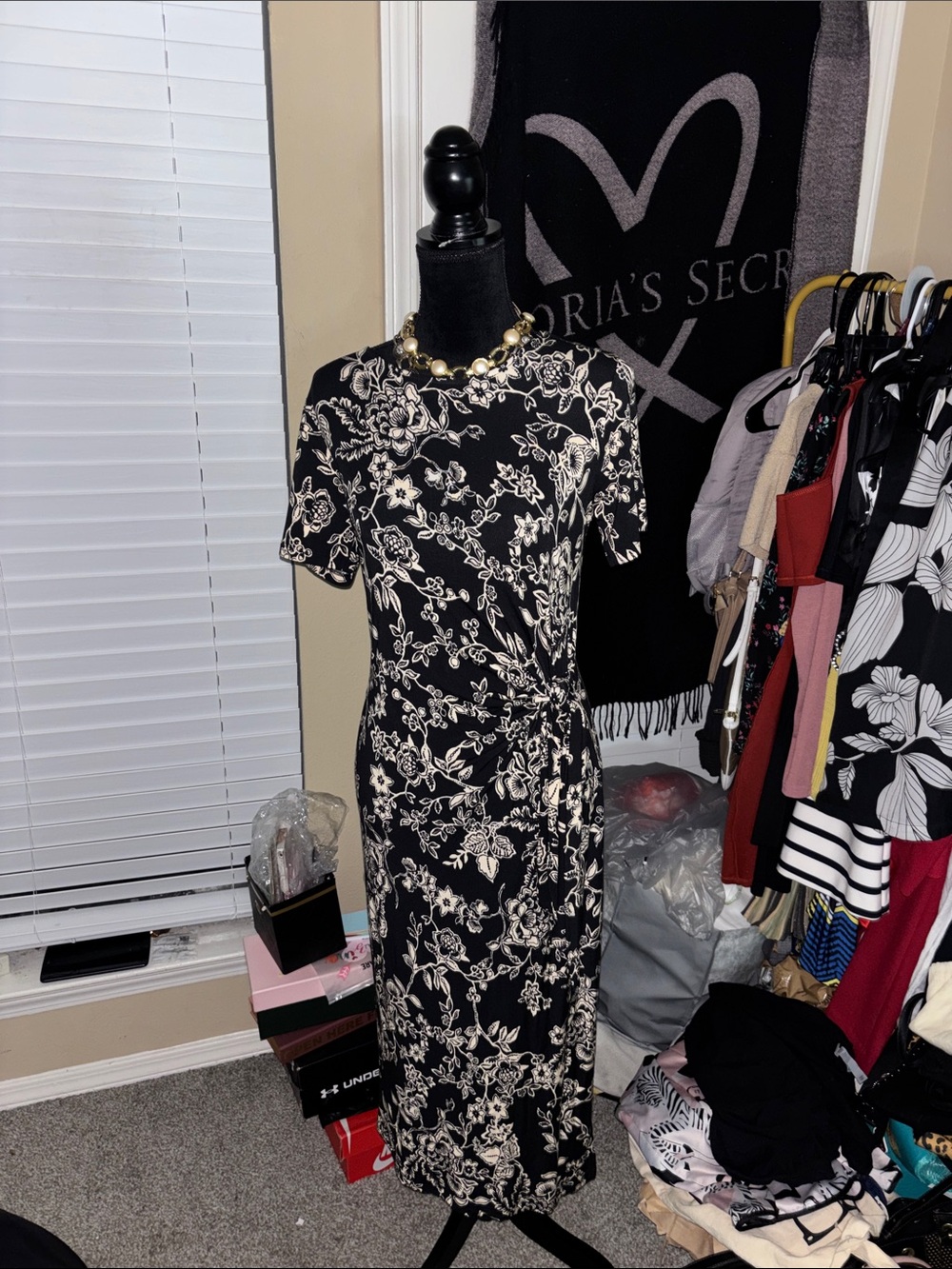 New Johnny Was Elegant Black & Cream Floral Midi Dress